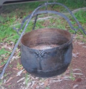 A stew pot, forged and riveted, with a "Osberg burial Ship" style Tripod (Look it up) By Blacksmith Richard Coumbe 