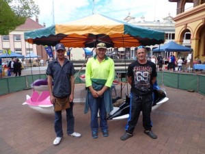 The wonderful Warren Lawrence (left) with a couple of his mates and his Carousel at the Mall Markets (last Sunday of the month) Armidale NSW