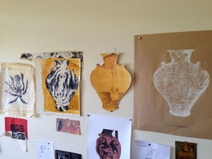 Ancient Greek Octopus Motief funerary urn inspired prints (a working wall) Rhonda Ellis, Armidale NSW artist