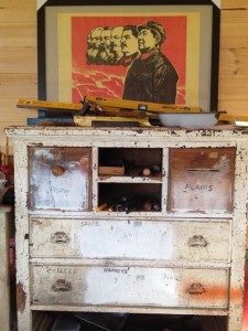 The Yellow shed tool chest.. Drawers labled "fishin'" and "plaines" (a vast and beautiful mind!)