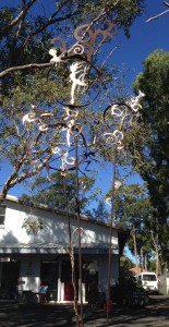 Three Garden ornaments .. welded steel and fake Gold Leaf from about 3 to 4 meters tall